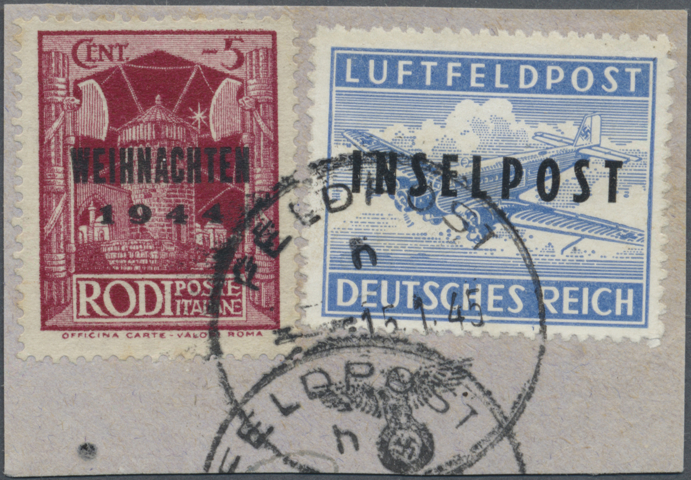 Brfst Feldpostmarken: 1944, Rhodos-Weihnachtsmarke Mit Aufdrucktype V Und Rhodos-Zulassungsmarke, Durchsto - Andere & Zonder Classificatie