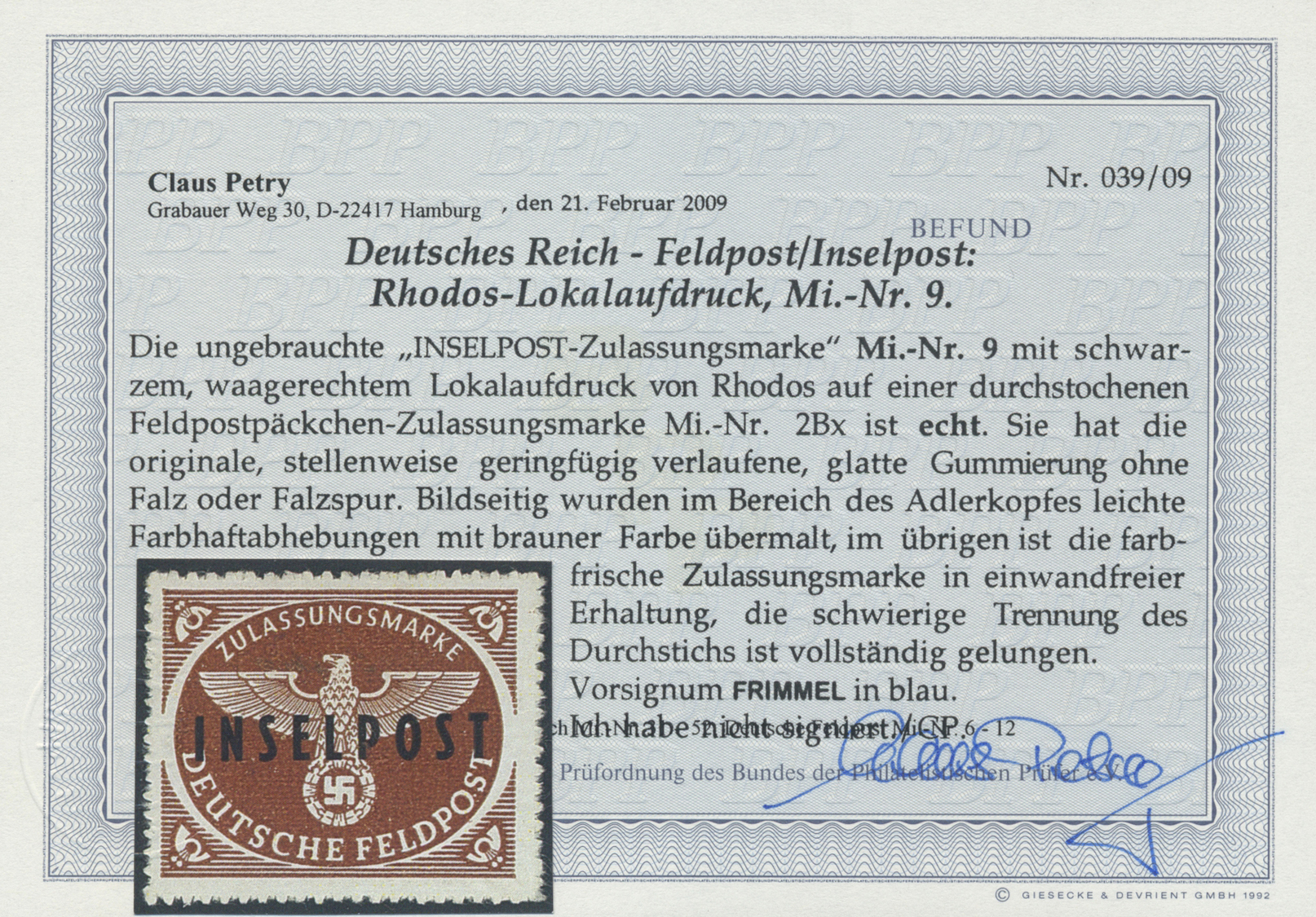 ** Feldpostmarken: 1944, Rhodos-Aufdruck Auf Durchstochener Feldpostzulassungsmarke Mi. Nr. 2Bx, Sehr G - Andere & Zonder Classificatie