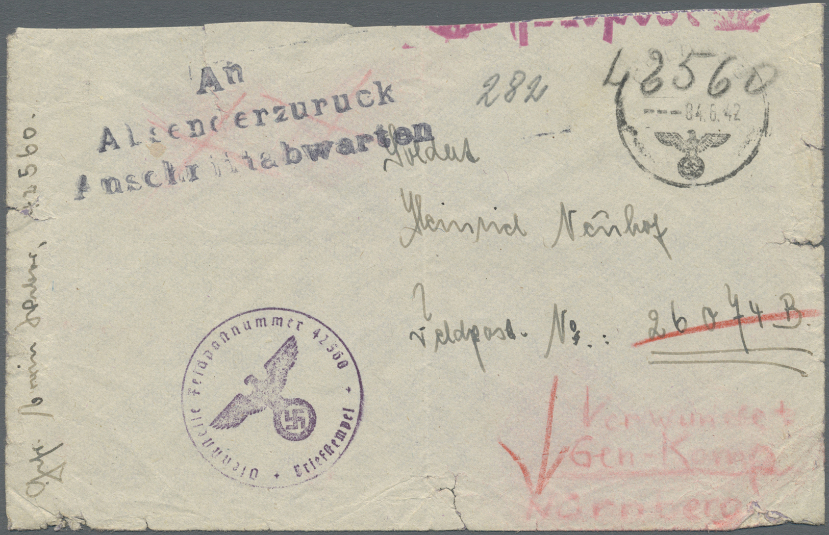 Br Feldpost 2. Weltkrieg: 1942, Afrika, Roter Palmenstempel Auf Briefinhalt Und Rückseitig Auf Feldpost - Autres & Non Classés