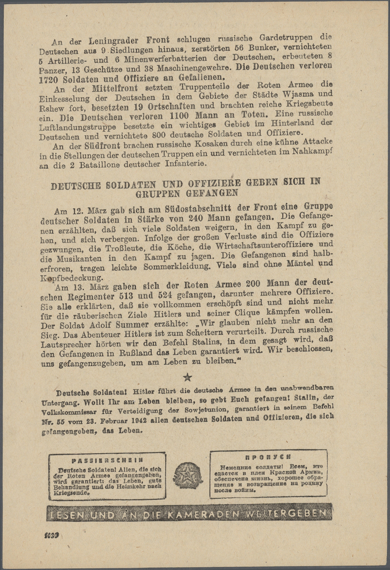 Feldpost 2. Weltkrieg: Flugblätter, Ostfront, 1942: UdSSR-Propaganda "Frontnachtrichten" Nr. 94, Nr. - Autres & Non Classés