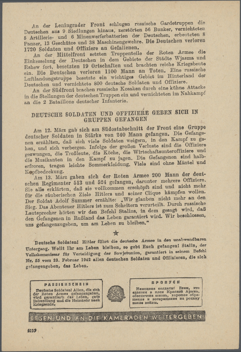 Feldpost 2. Weltkrieg: Flugblätter, Ostfront, 1942: UdSSR-Propaganda "Frontnachtrichten" Nr. 94, Nr. - Other & Unclassified