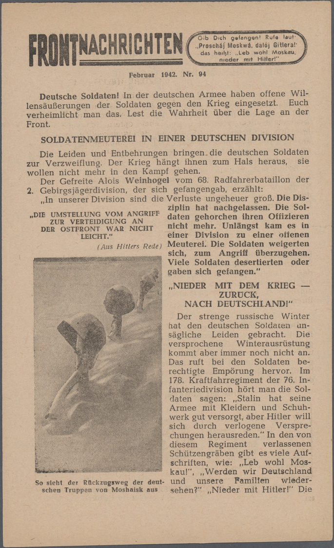 Feldpost 2. Weltkrieg: Flugblätter, Ostfront, 1942: UdSSR-Propaganda "Frontnachtrichten" Nr. 94, Nr. - Autres & Non Classés