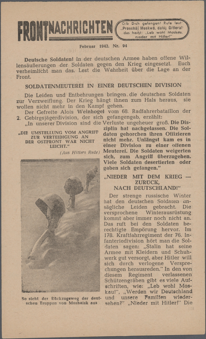 Feldpost 2. Weltkrieg: Flugblätter, Ostfront, 1942: UdSSR-Propaganda "Frontnachtrichten" Nr. 94, Nr. - Andere & Zonder Classificatie