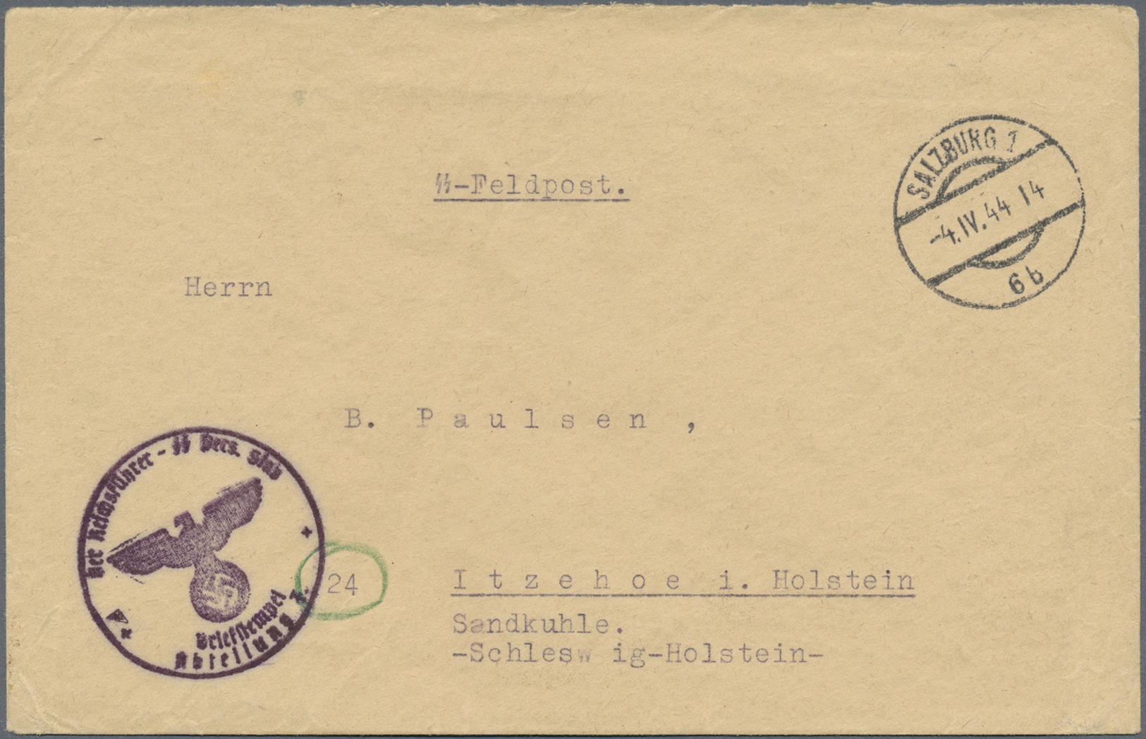 Br Feldpost 2. Weltkrieg: 1944 (1.9.), Versuchsgut Pabenschwandt, Briefstempel "Der Reichsführer-SS/Per - Autres & Non Classés