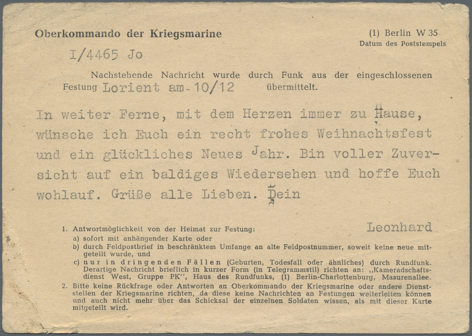 Br Feldpost 2. Weltkrieg: 1944, Festung Lorient, Funknachrichtenkarte Mit Text Vom 10.12., Versendet Mi - Andere & Zonder Classificatie