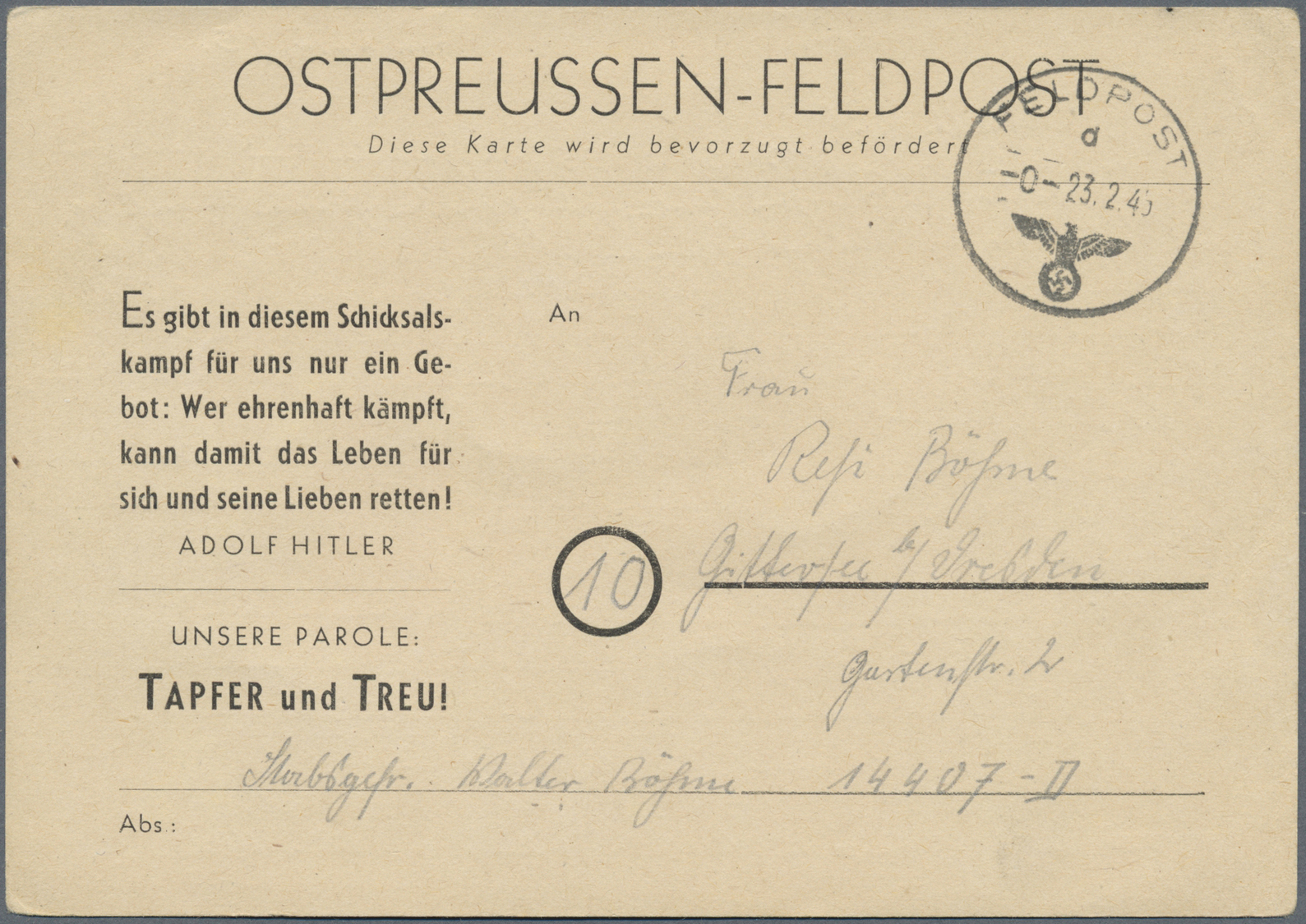 Br Feldpost 2. Weltkrieg: 1945, Ostpreußen-Feldpost, Karte Mit Magerer Schrift Und Parolenaufdruck, Gel - Andere & Zonder Classificatie