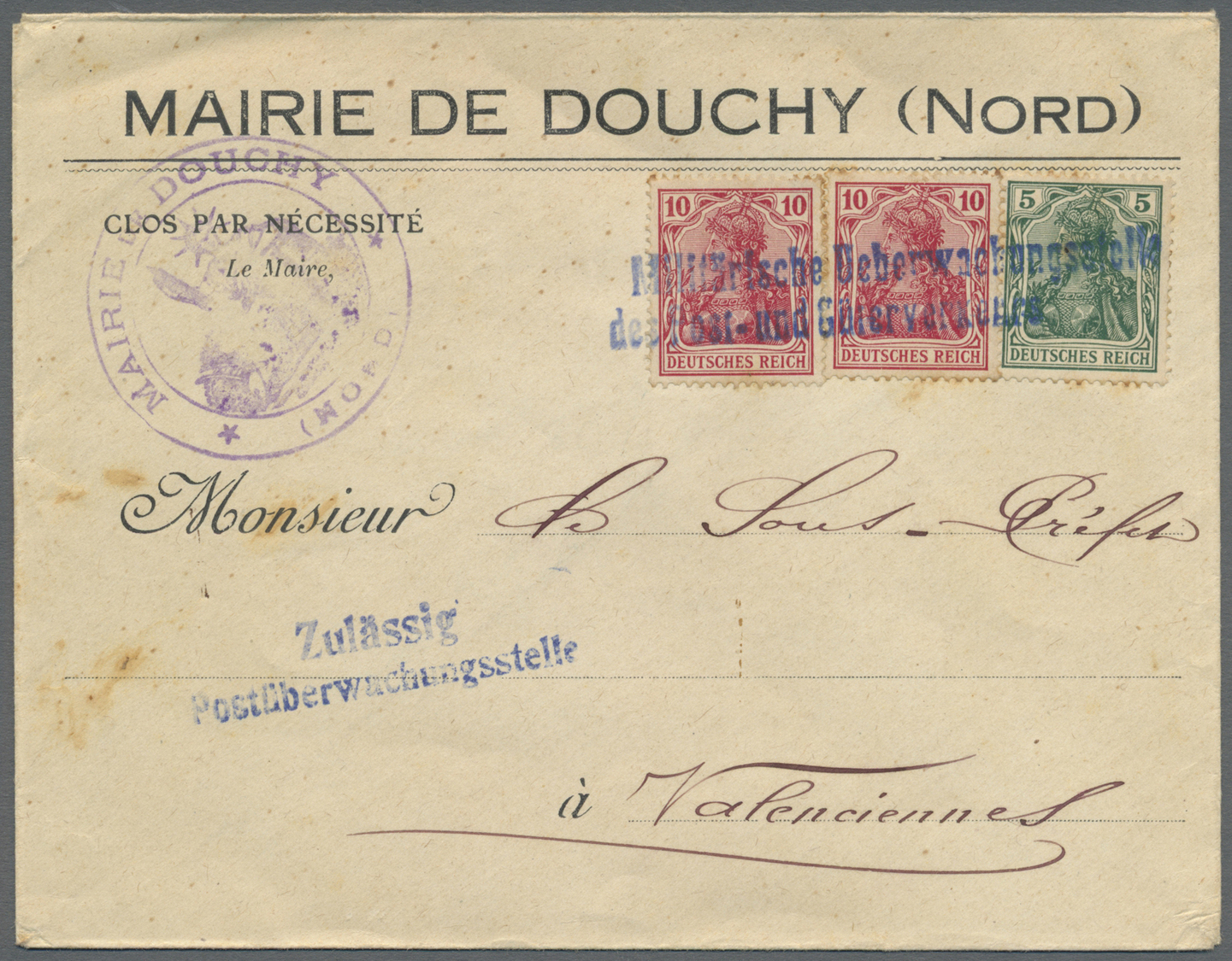 Br Zensurpost: 1915 (ca): Brief Der Mairie De Douchy Mit Entsprechendem Französischen Franchise-Stempel - Andere & Zonder Classificatie