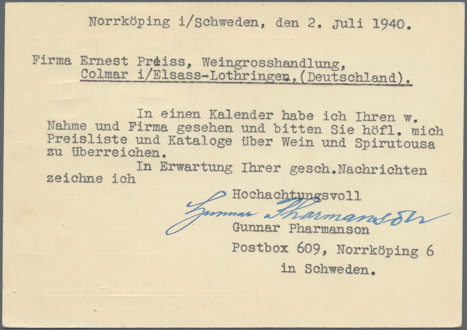 GA Zensurpost: 1940, Schwedische 10 Öre Ganzsachenkarte Mit Zusatzfrankatur, Adressiert Nach Colmar (El - Andere & Zonder Classificatie