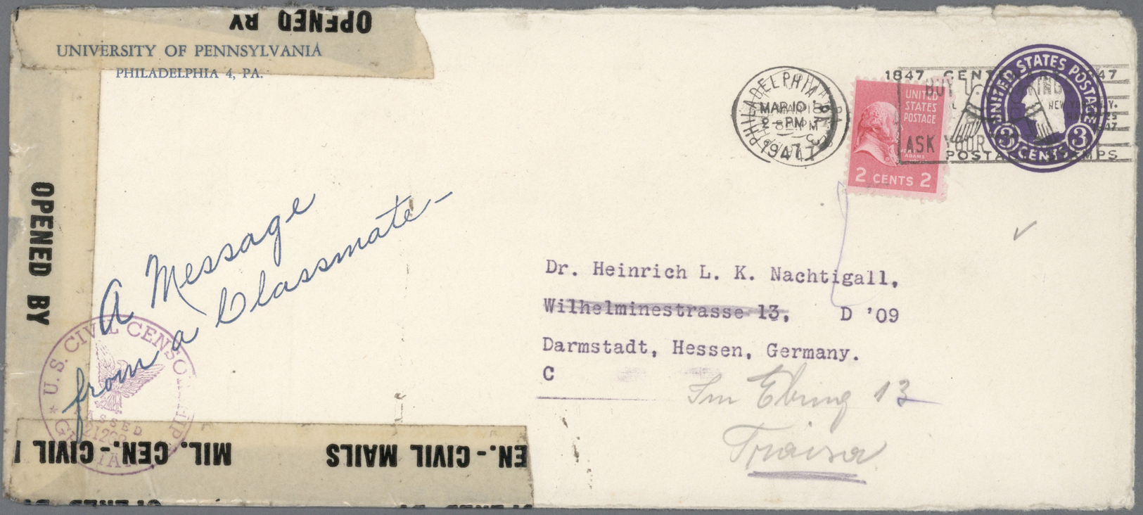 Br Zensurpost: 1945/1947, USA, 30 C Prexie EF Auf Brief Mit Ma-Stpl. U.S.-NAVY, APR 4 1945, Nach Walldü - Andere & Zonder Classificatie