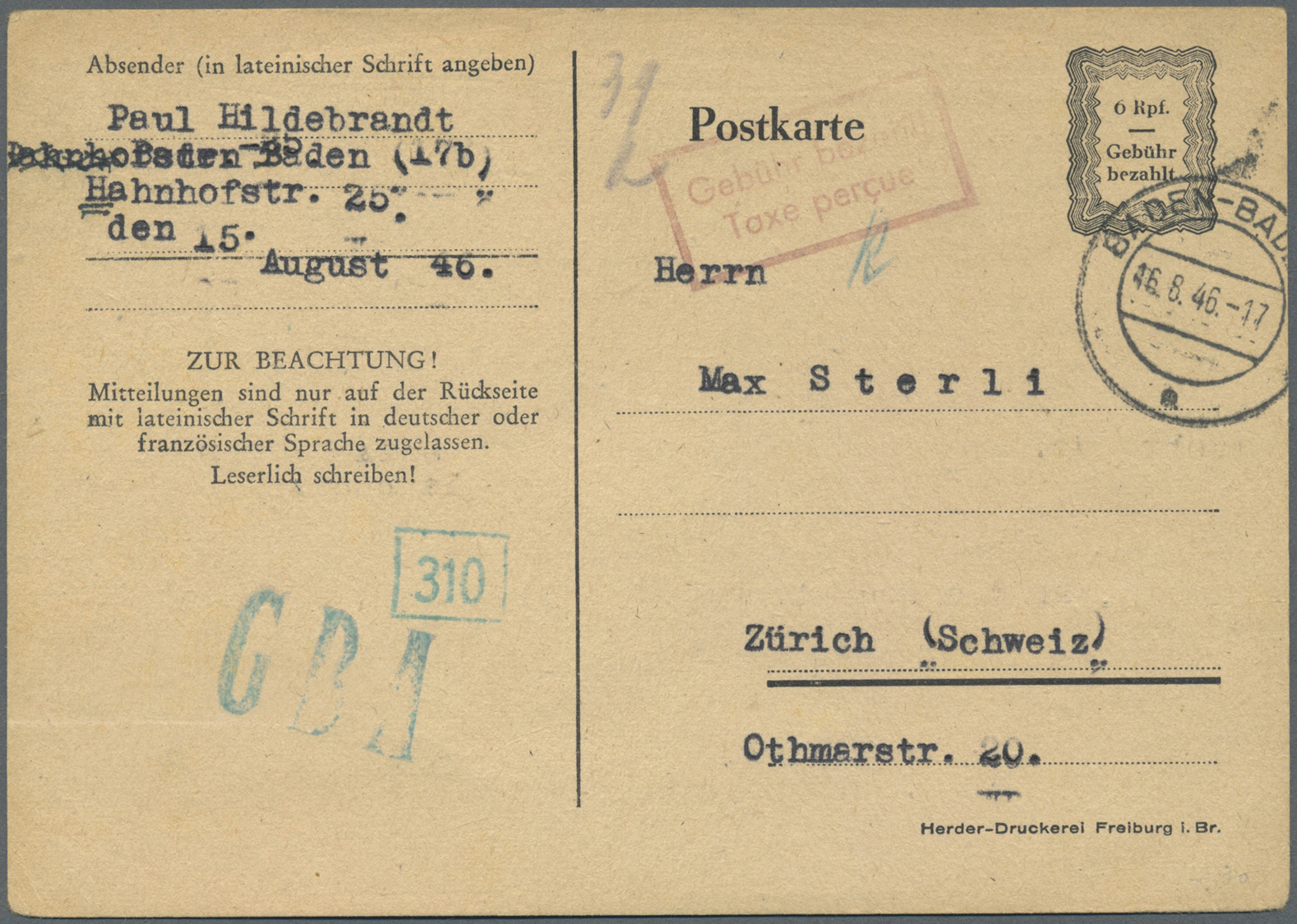 GA Zensurpost: 1946, 6 Pfg. Aufbrauchsganzsache Mit "Gebühr Bezahlt"-Stempel Ab BADEN-BADEN 16.8.46 In - Andere & Zonder Classificatie