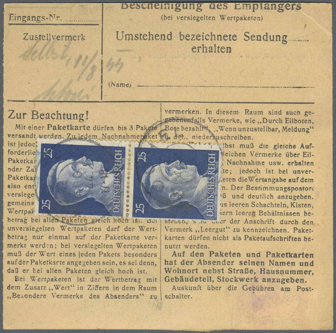 Br Kriegsgefangenen-Lagerpost: 1944, 3.8., Deutsches Reich Lagerpost, Frankierte Paketkarte (Stammteil) - Autres & Non Classés