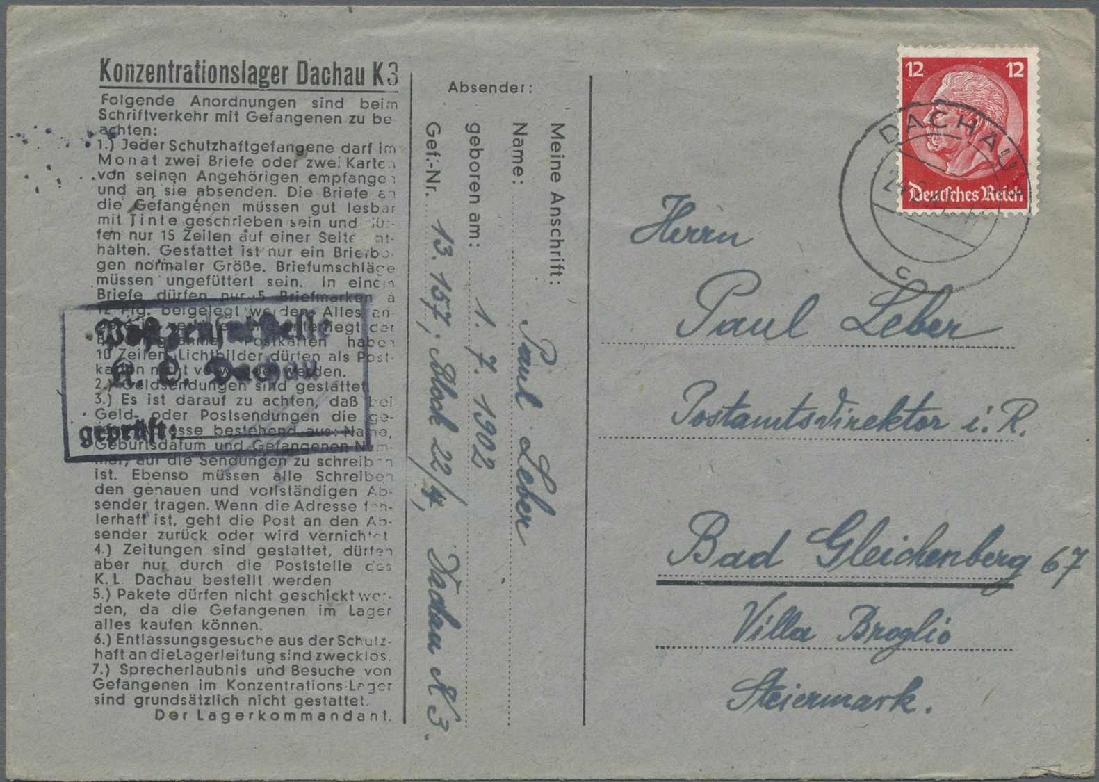 Br KZ-Post: 1940/1941, Drei Belege Aus Dem Konzentrationslager Dachau Mit Verschiedenen Aufdrucken Des - Covers & Documents