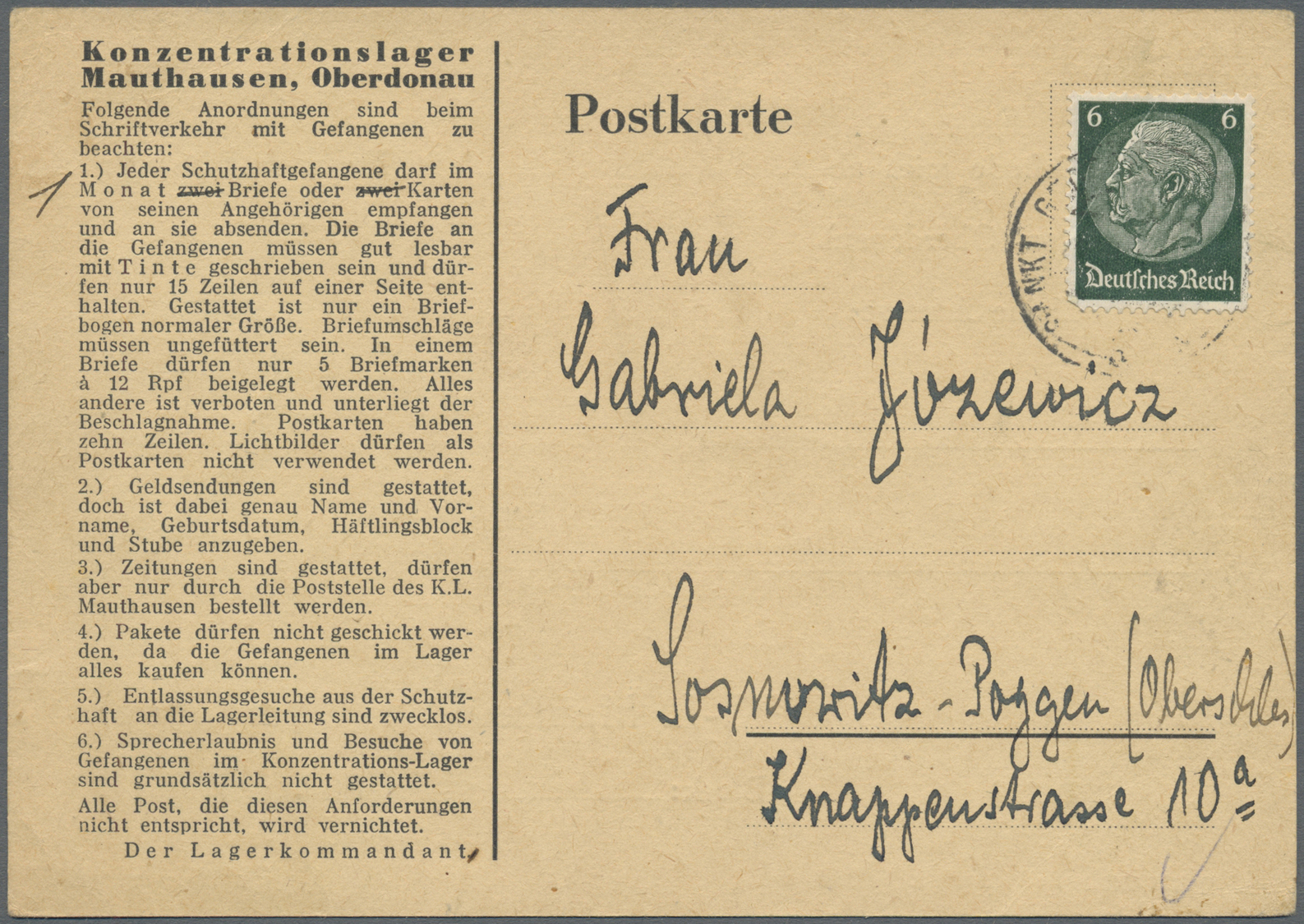 Br KZ-Post: Mauthausen: 1941, Vordruckpostkarte Mit DV "Q0176 4542 40" Gebraucht Mit 6 Pfg. Hindenburg - Brieven En Documenten