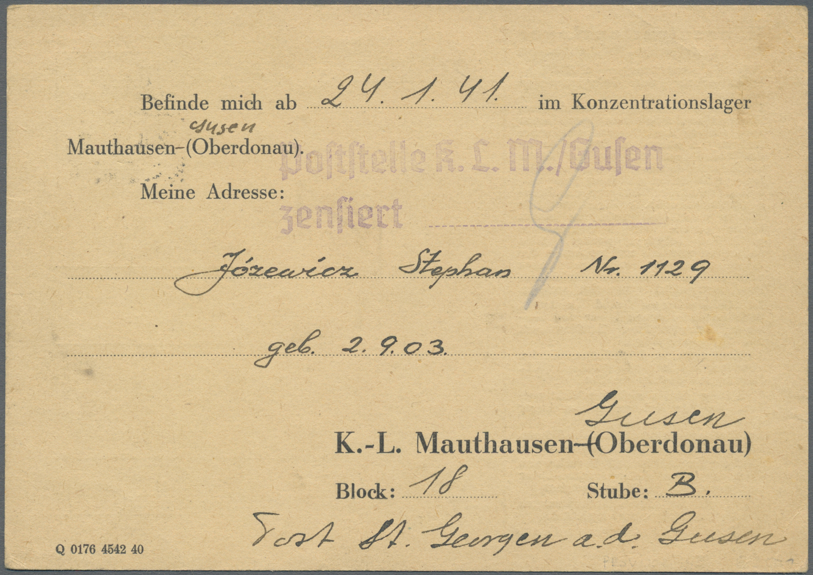 Br KZ-Post: Mauthausen: 1941, Vordruckpostkarte Mit DV "Q0176 4542 40" Gebraucht Mit 6 Pfg. Hindenburg - Brieven En Documenten