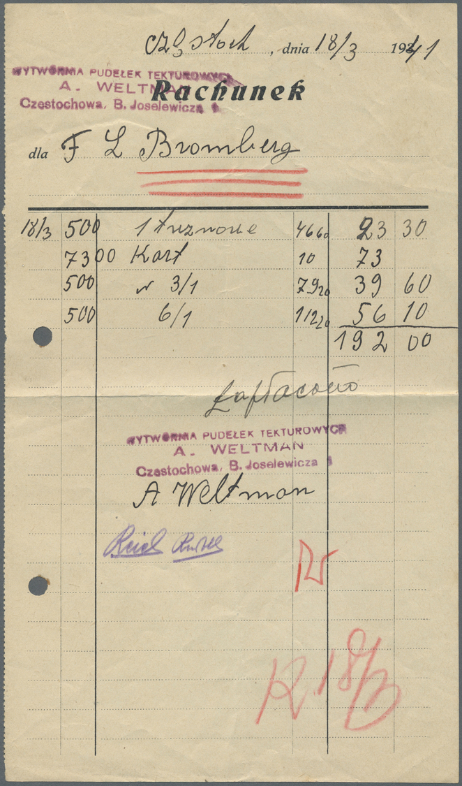 Br KZ-Post: Ghetto Tschenstochau: 1941, Acht Quittungen, Anschreiben Usw. An Bzw. Nach Tschenstochau, D - Lettres & Documents