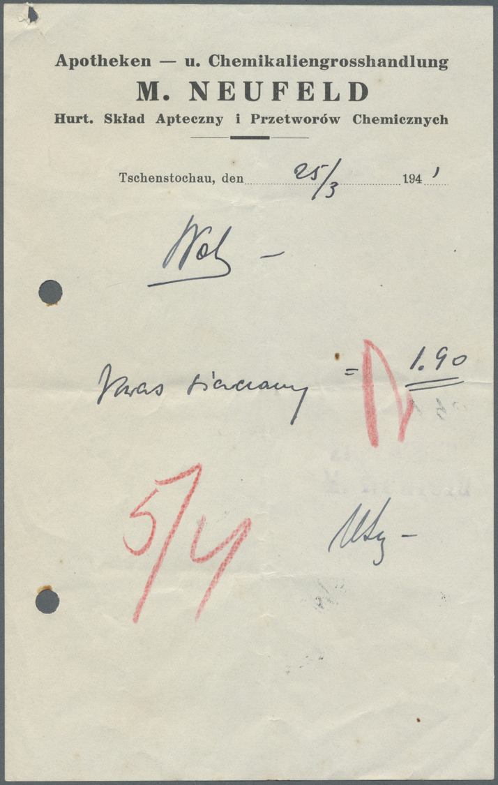 Br KZ-Post: Ghetto Tschenstochau: 1941, Acht Quittungen, Anschreiben Usw. An Bzw. Nach Tschenstochau, D - Brieven En Documenten