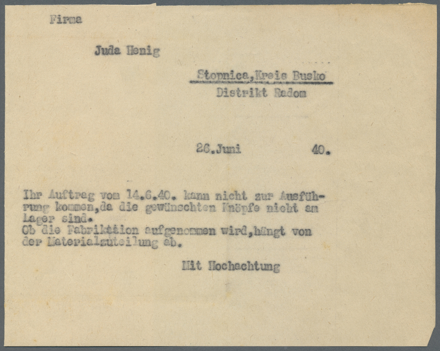 Br KZ-Post: Ghetto Tschenstochau: 1941, acht Quittungen, Anschreiben usw. an bzw. nach Tschenstochau, d