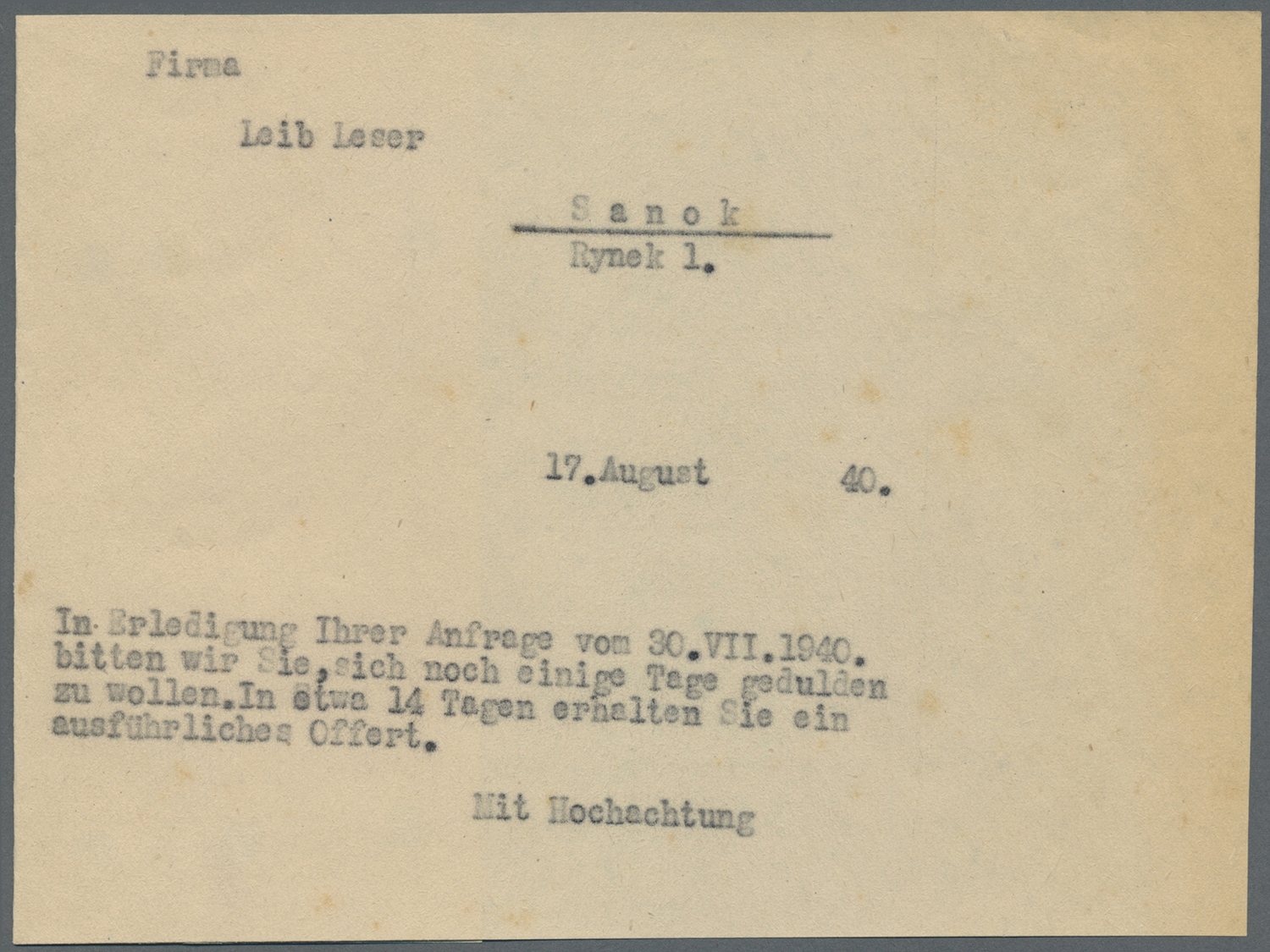 Br KZ-Post: Ghetto Tschenstochau: 1941, acht Quittungen, Anschreiben usw. an bzw. nach Tschenstochau, d