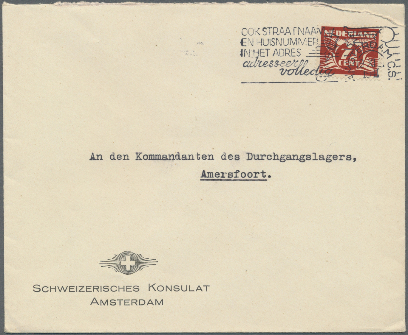 Br KZ-Post: Amersfoort: 1942, Vordruckbrief "Schweizer Konsulat Amsterdam" Mit 7 1/2 C. Freimarke Aus " - Brieven En Documenten