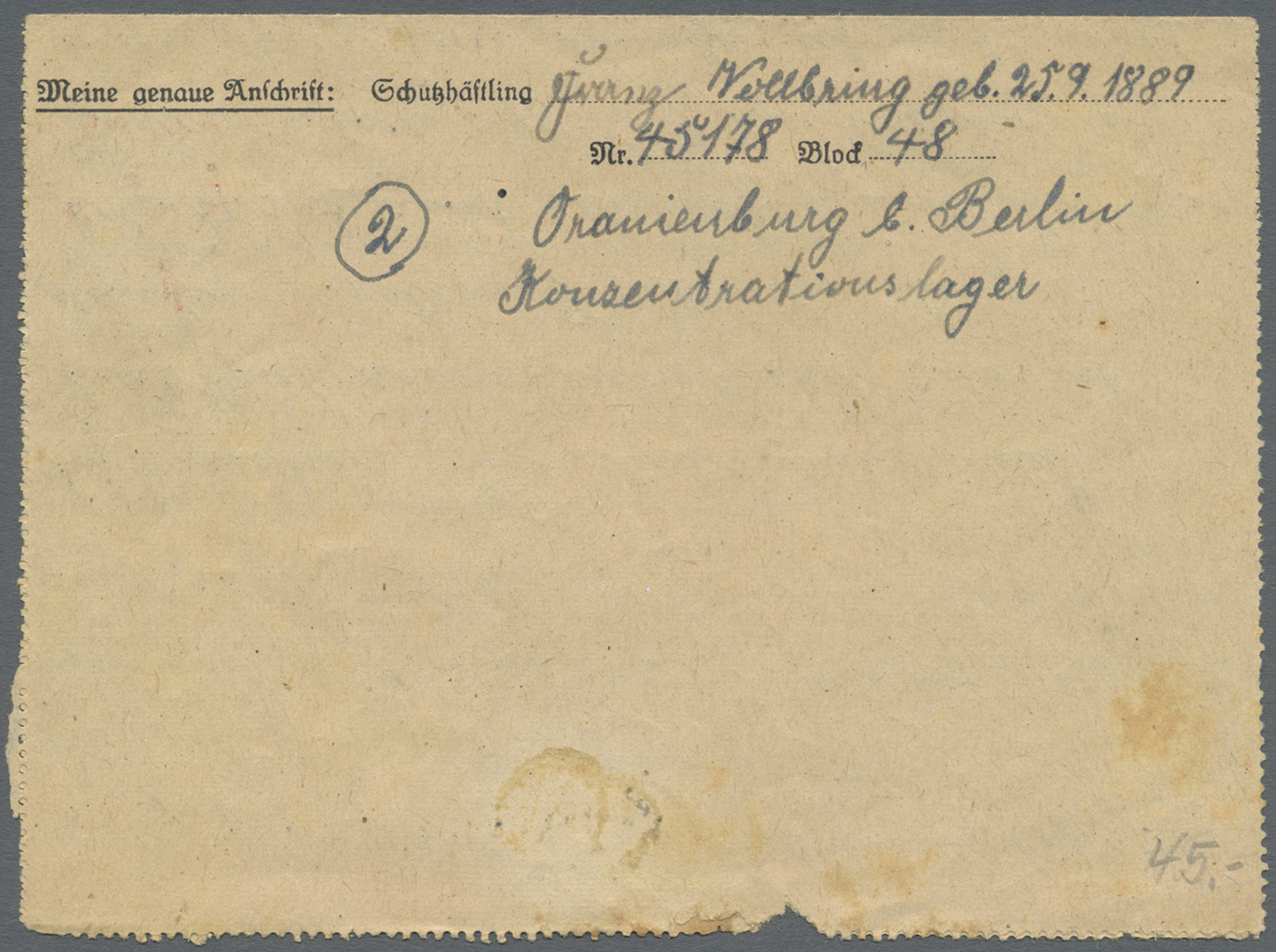 Br KZ-Post: Auschwitz (Oberschles.)2, 31.10.44, Oranienburg, 30.5.42 Und 27.4.44, 3 KZ-Belege Mit Entsp - Lettres & Documents