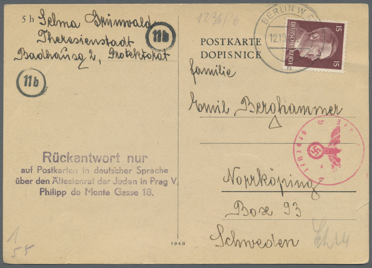 Br KZ-Post: 1944, THERESIENSTADT, 15 Pf Hitler EF Auf Zweisprachigem (deutsch/tschechisch) Postkartenfo - Brieven En Documenten