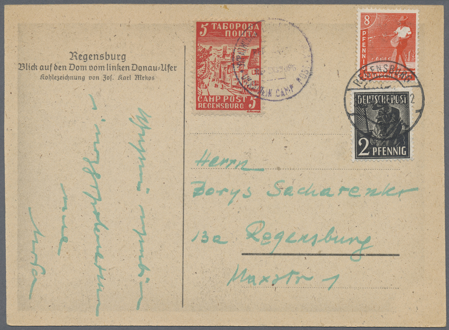 Br Lagerpost: Regensburg: 1948, Camp Post 5 Pf. (Ukraine) Auf Ansichtskarte Regensburg In Guter Bedarfs - Other & Unclassified