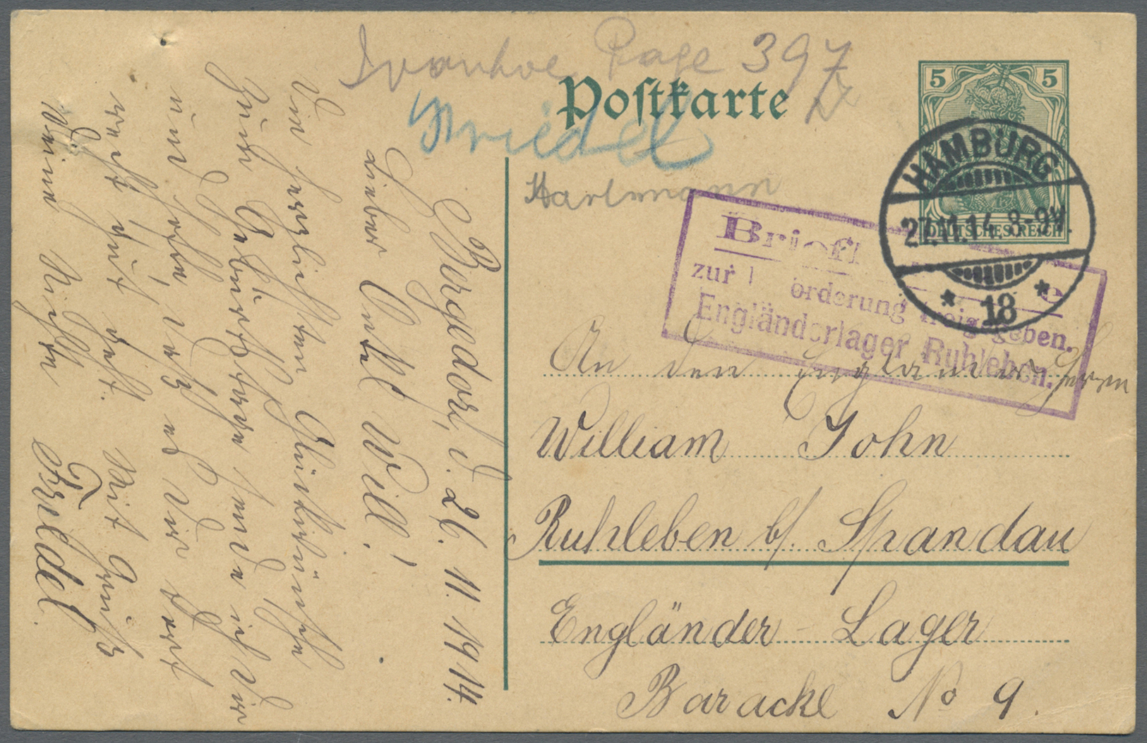 GA Lagerpost: Ruhleben: Incoming Mail: 1914, 5 Pfg. Ganzsachenkarte Aus "HAMBURG 27.11.14" In Das Lager - Andere & Zonder Classificatie