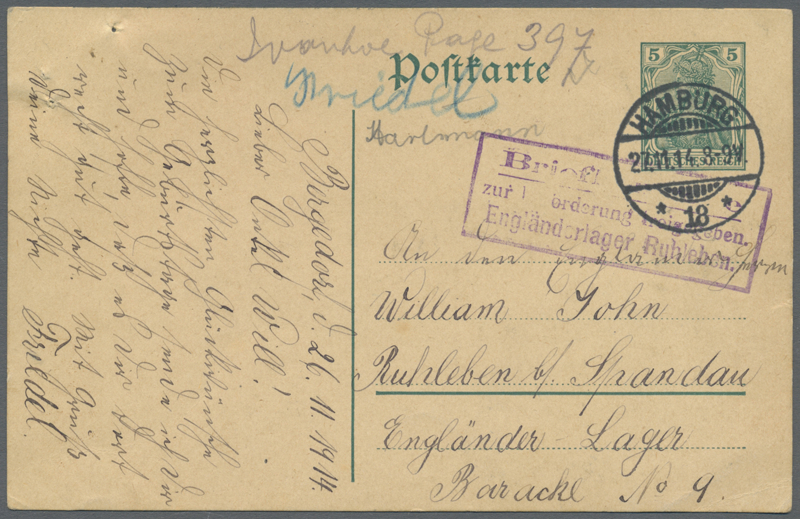 GA Lagerpost: Ruhleben: Incoming Mail: 1914, 5 Pfg. Ganzsachenkarte Aus "HAMBURG 27.11.14" In Das Lager - Autres & Non Classés