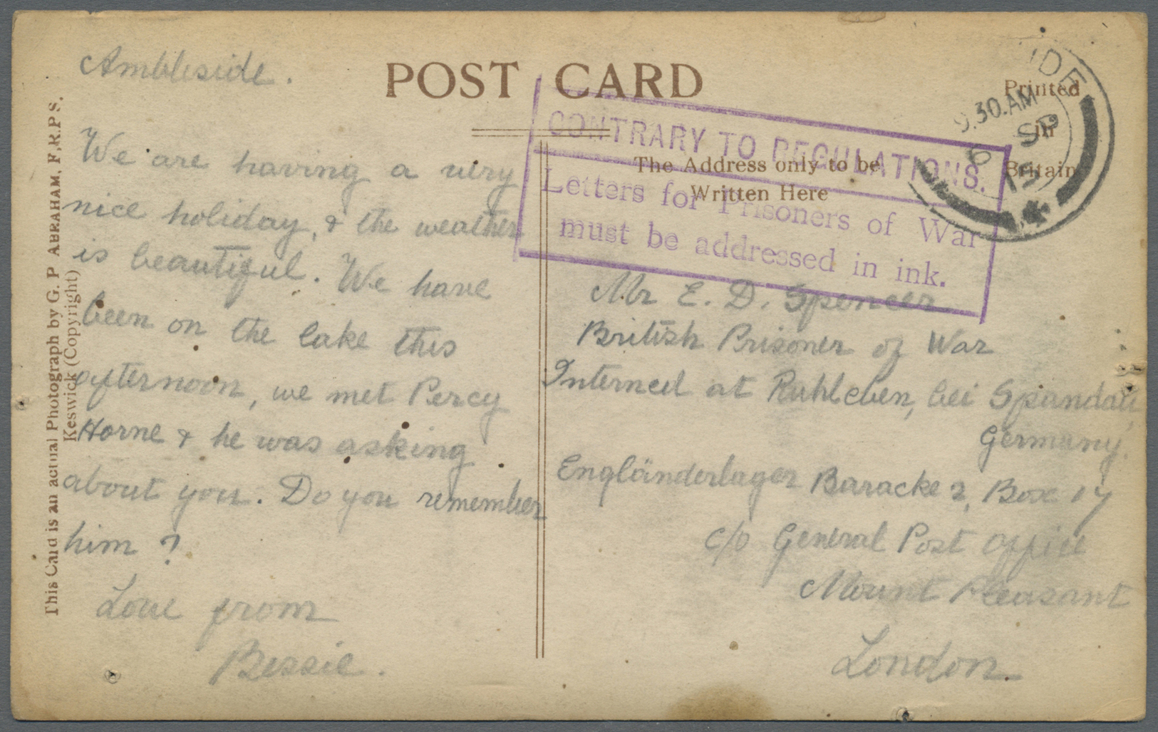 Br Lagerpost: Ruhleben: Incoming Mail: 1915, Unfrankierter Fotokarte Aus "AMBLESIDE 6.SP" In Das Lager - Andere & Zonder Classificatie