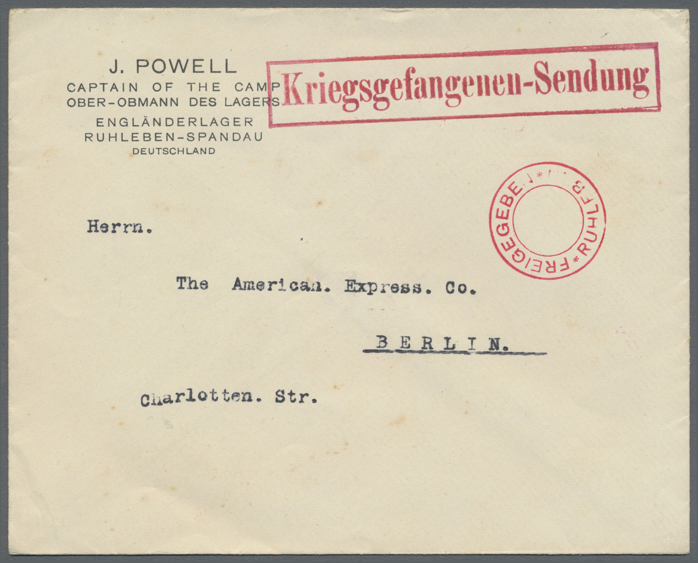 Br Lagerpost: Ruhleben: 1916, Zwei Vordruckbriefe "J. POWELL CAPTAIN OF THE CAMP...RUHLEBEN-SPANDAU..." - Andere & Zonder Classificatie