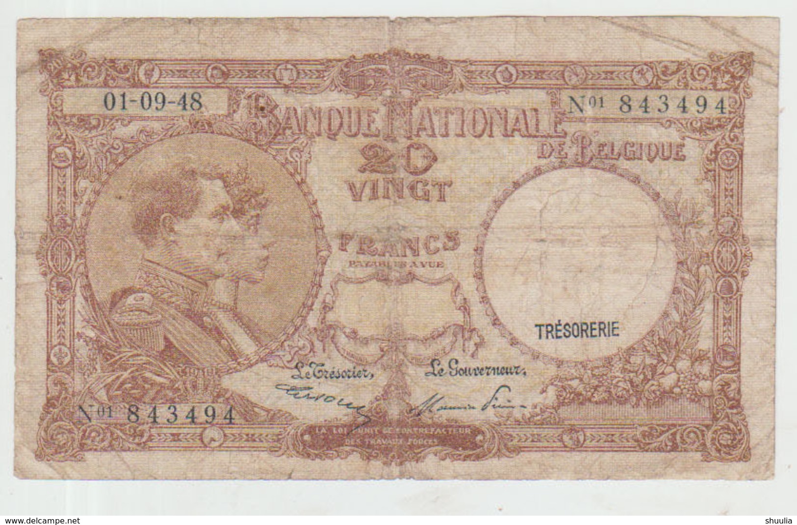 Belgium 20 Francs (01.09.1948) Pick 116 VG+ - 100 Franchi & 100 Franchi-20 Belgas