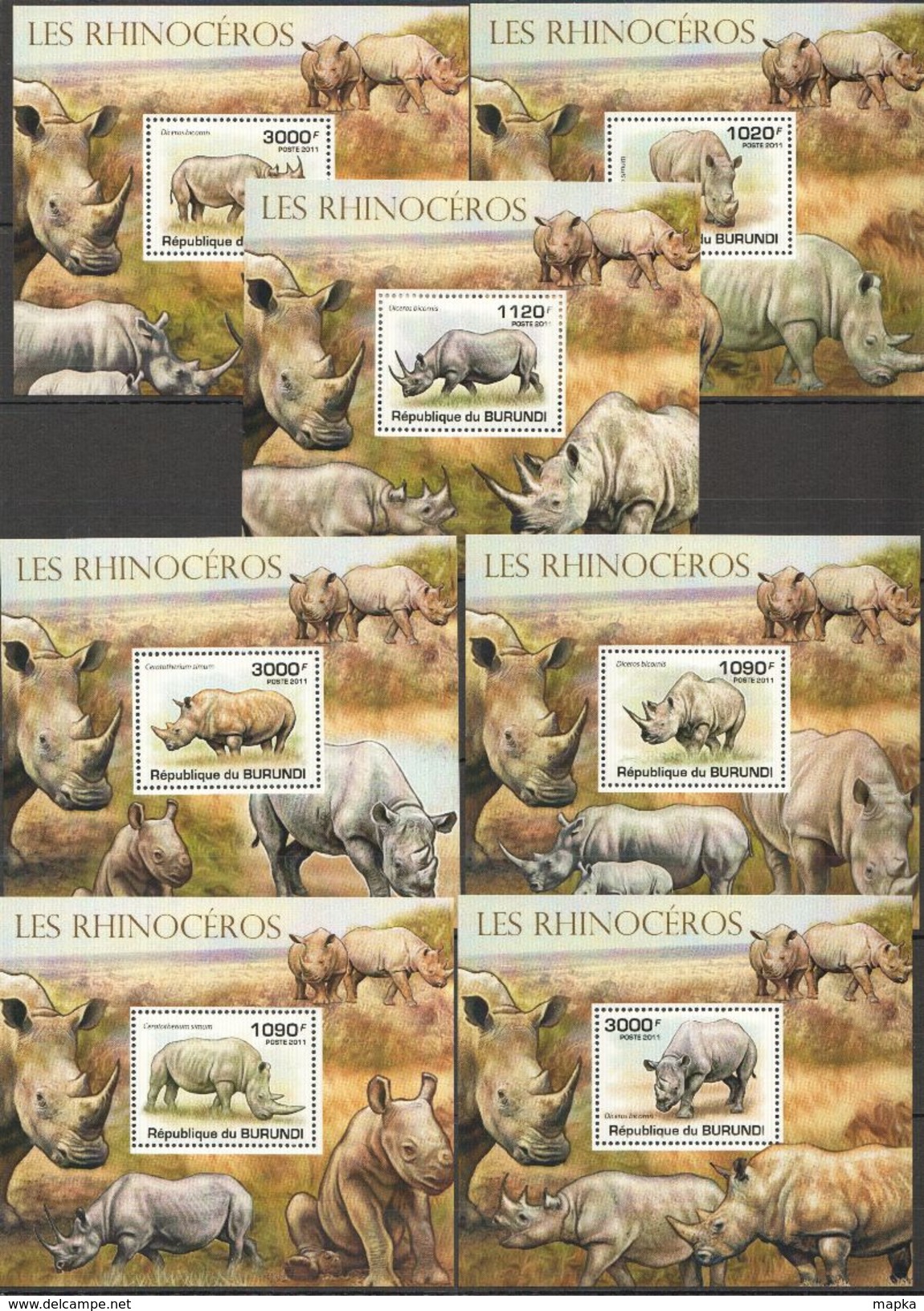 L731 2011 BURUNDI FAUNA WILD ANIMALS LES RHINOCEROS 7BL MNH - Rhinozerosse