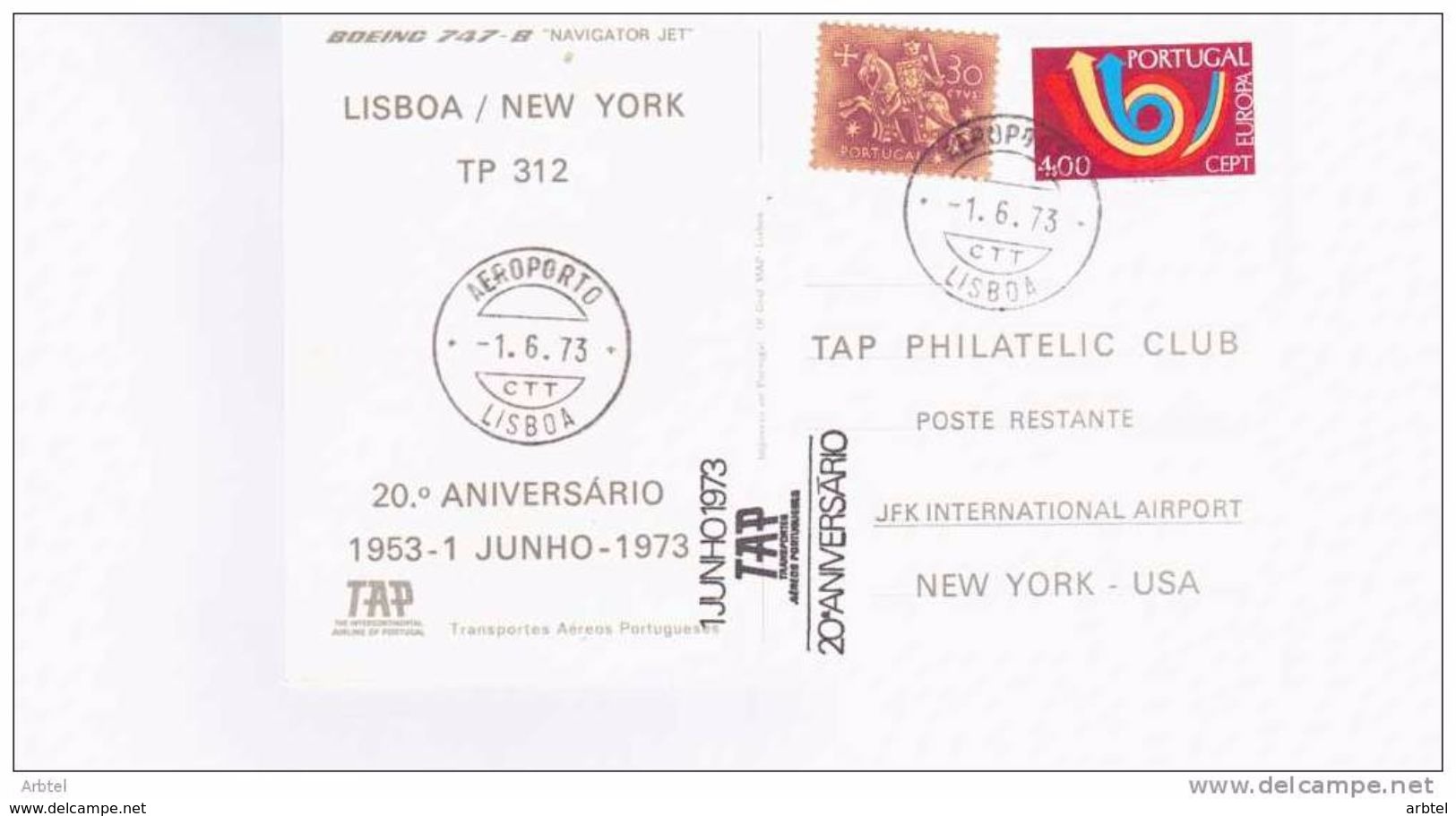 PORTUGAL TARJETA PRIMER VUELO LISBOA NEW YORK MAT AEROPUERTO LISBOA AL DORSO MAT AEROPUERTO JFK - Lettres & Documents