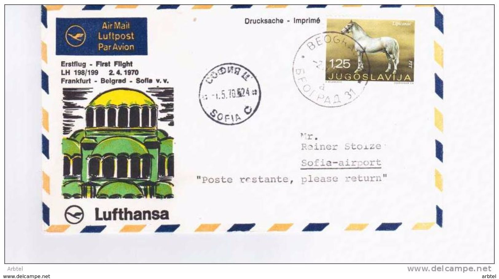 YUGOSLAVIA CABALLOS CC PRIMER VUELO FRANKFURT BELGRADO SOFIA MAT SALIDA Y LLEGADA - Airmail