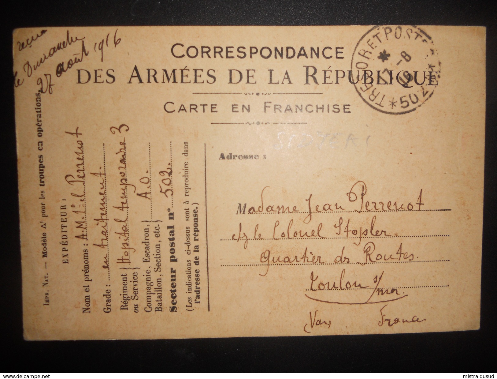 France Guerre , Tresor Et Postes 502 Carte De 1916 - Guerre De 1914-18