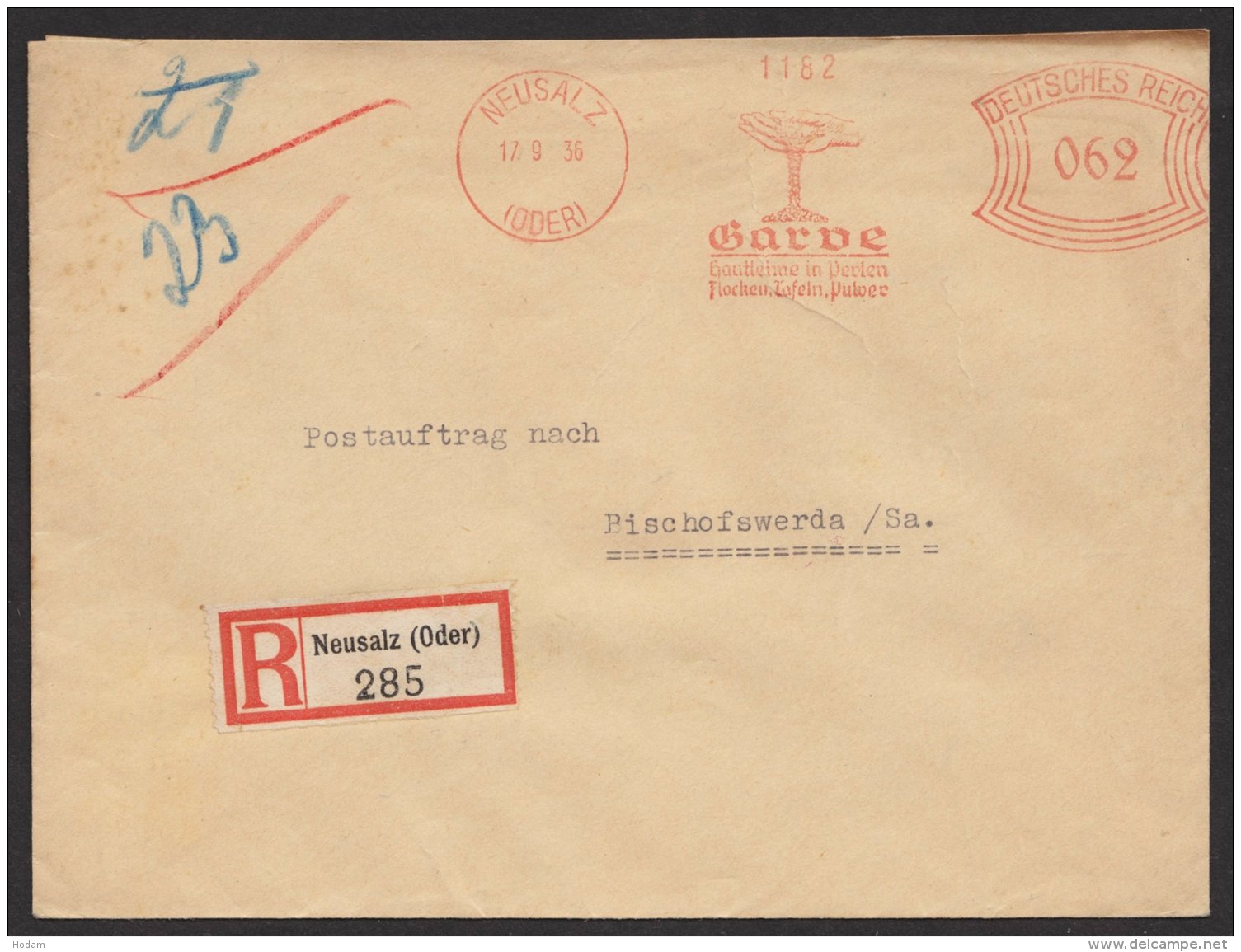 "Neusalz/ Oder", Leimfabrik Garde, 1936, Postauftrag, R- Brief, Seltener 62-Pfg.- Tarif - Briefe U. Dokumente