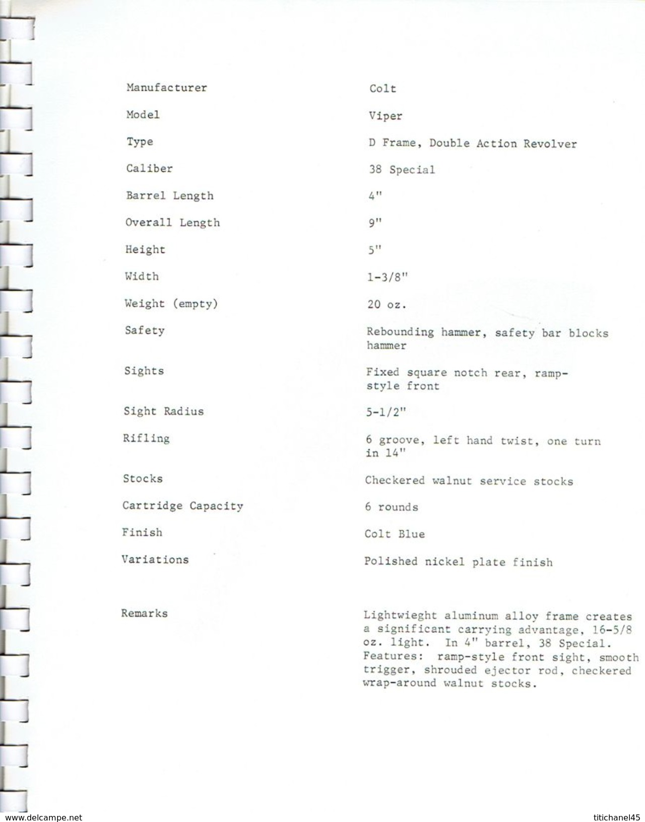 PRESS KIT 1978  COLT FIREARMS contenant 23 photos : Detective Special, Cobra, Agent, Diamondback, Viper,  Python, Police