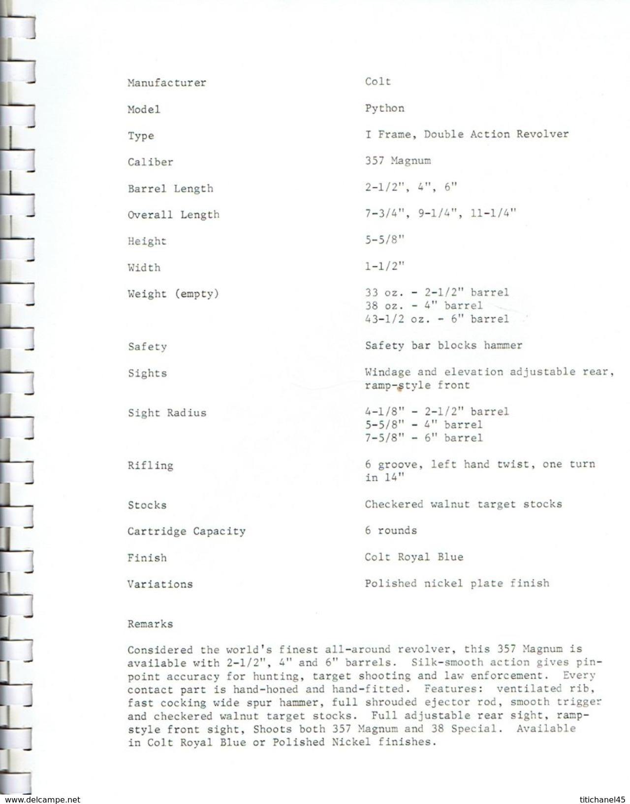 PRESS KIT 1978  COLT FIREARMS contenant 23 photos : Detective Special, Cobra, Agent, Diamondback, Viper,  Python, Police