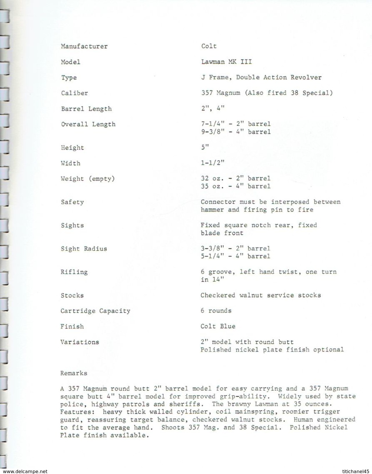 PRESS KIT 1978  COLT FIREARMS contenant 23 photos : Detective Special, Cobra, Agent, Diamondback, Viper,  Python, Police