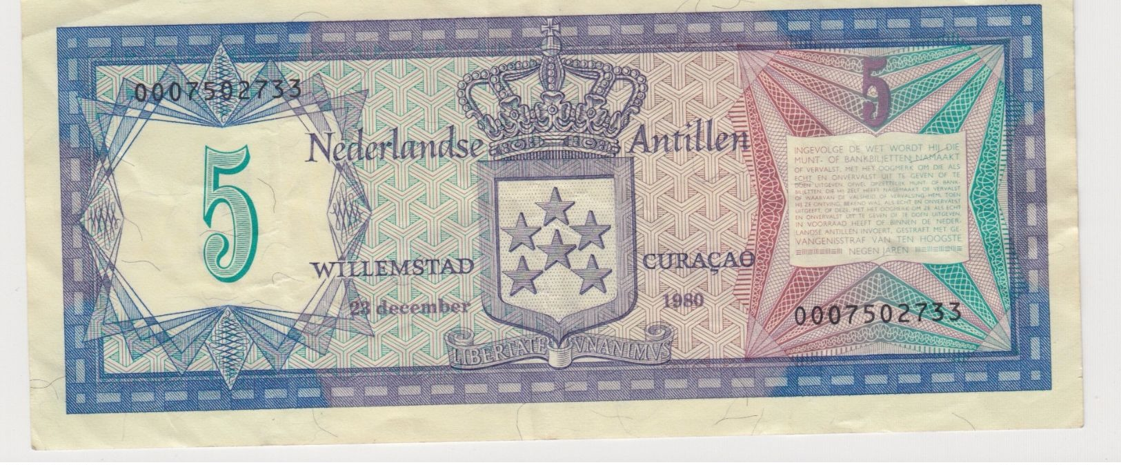 ANTILLES NEERLANDAISES 5 Gulden 1980 P15a VF - Netherlands Antilles (...-1986)