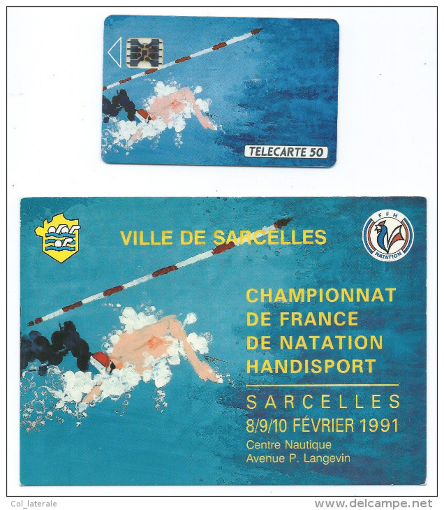 Télécarte Sarcelles 1990 1000 Ex NEUVE 50 U Natation Handisport Avec CP Du Maire 2 Scans - Telefoonkaarten Voor Particulieren