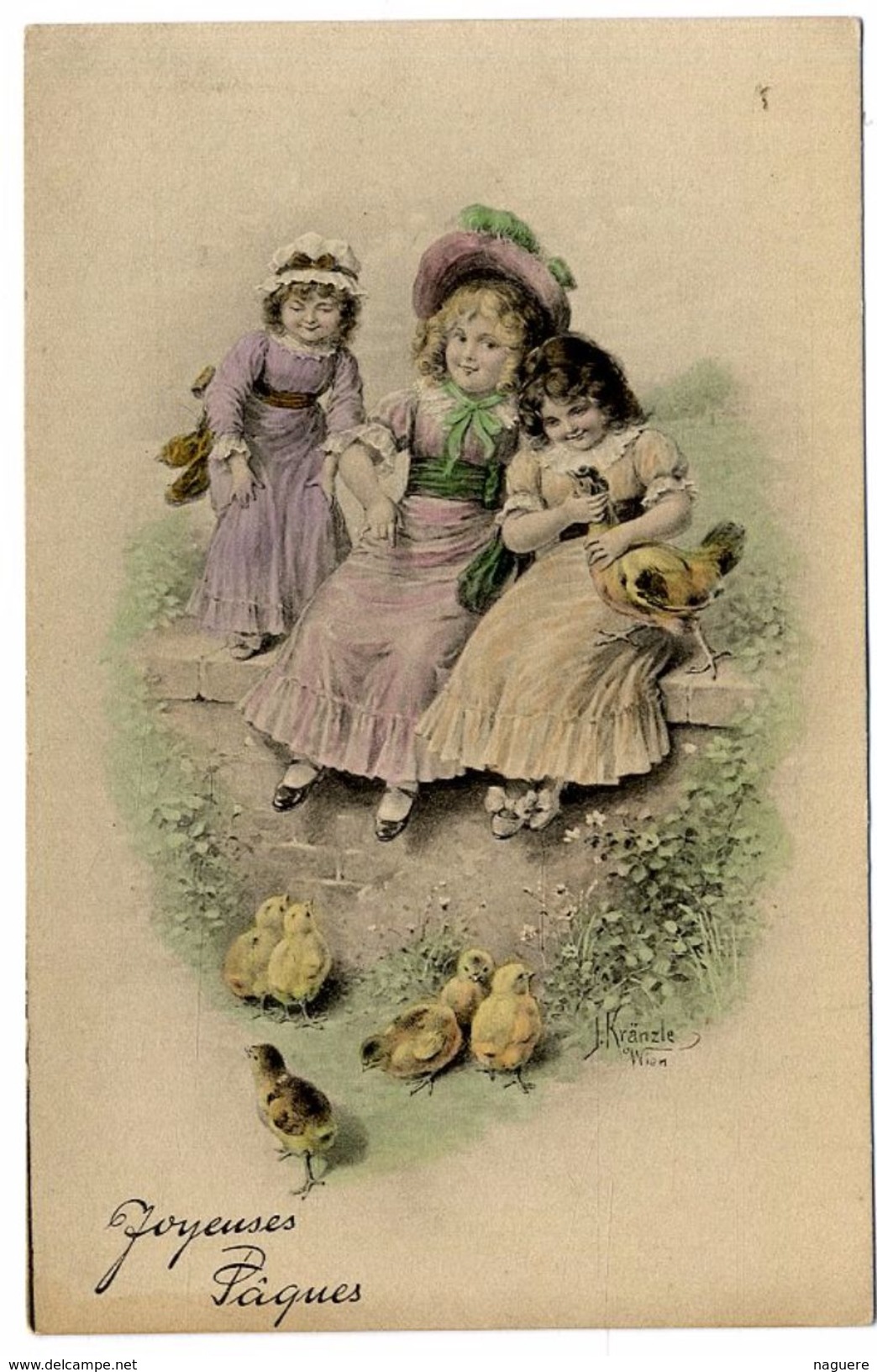 JEUNE FILLETTES AVEC POULE ET POUSSINS  JOYEUSE PAQUE  ILLUSTRATION K KRANSLE - Kraenzle