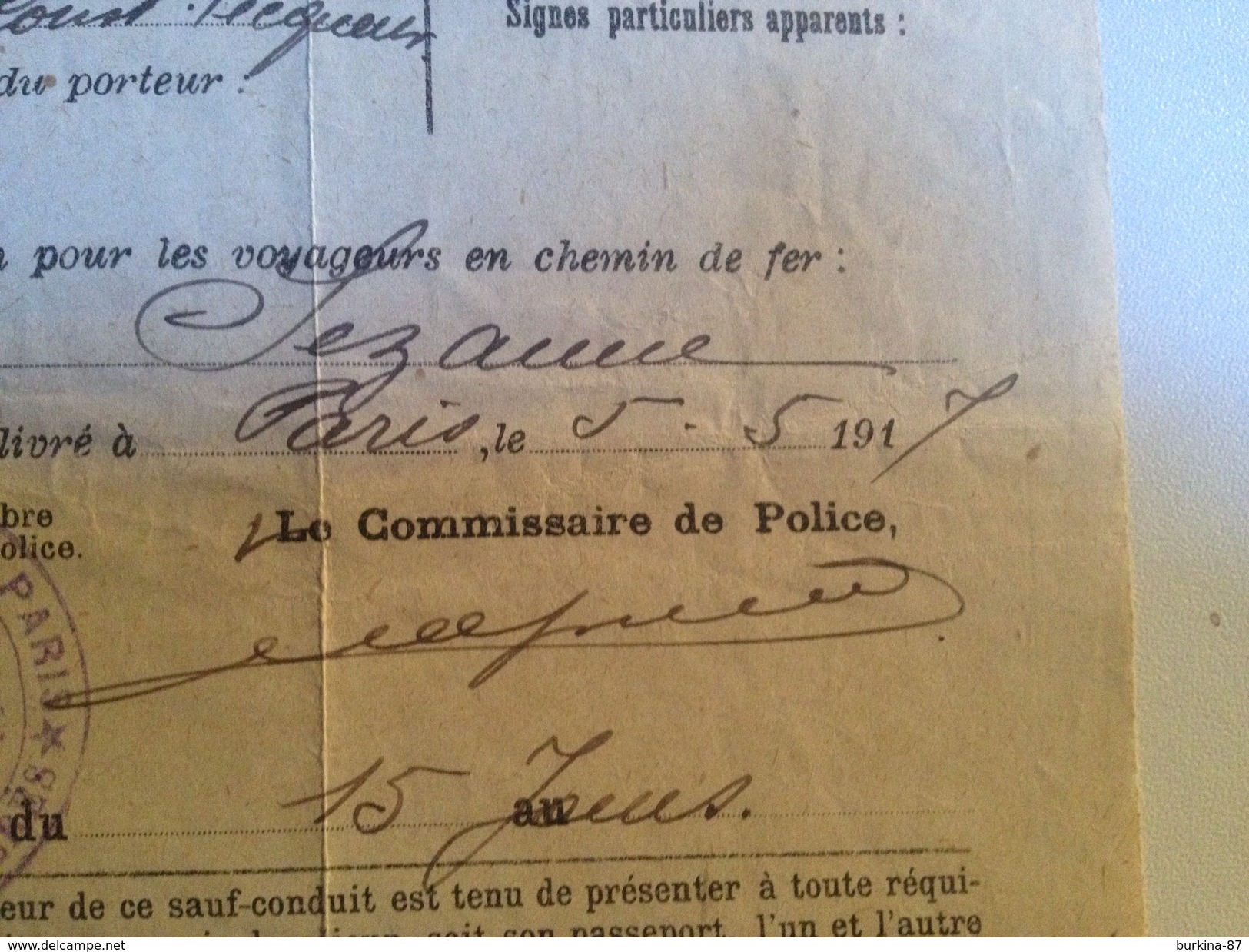 SAUF Conduit ,Gouvernement Militaire De Paris, 1917 - Documents