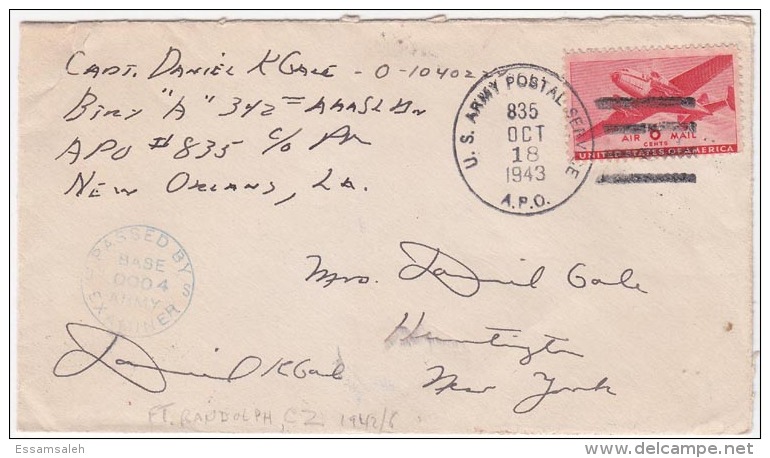 USCV021 USA 1943 Army Postal Service 835 CDS On Censored Airmail Cover To New York - Covers & Documents