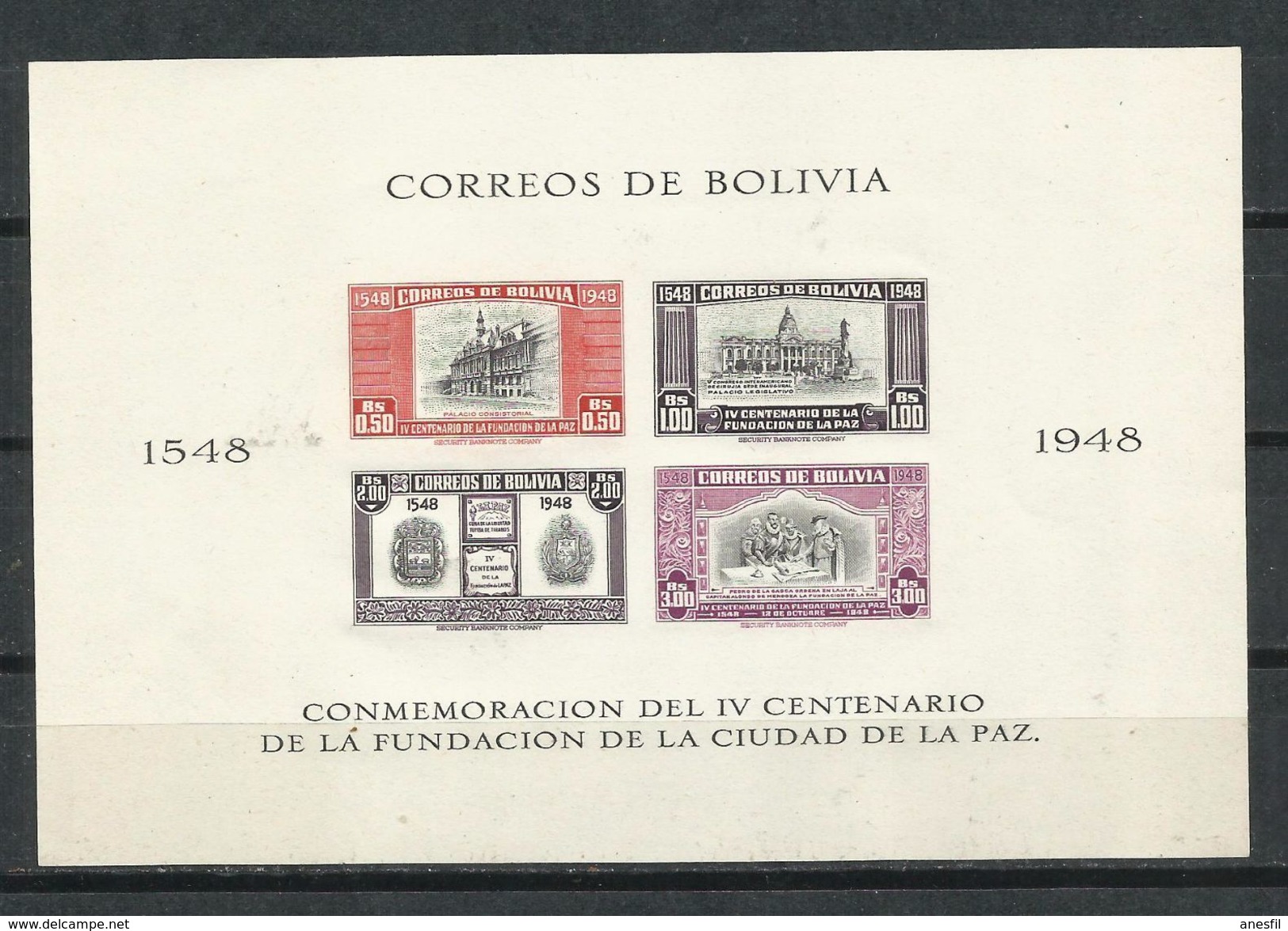 Bolivia_1948_Conmemoracion Del IV Centenario De La Fundacion De La Ciudad De La Paz. HB Sin Dentar - Bolivia