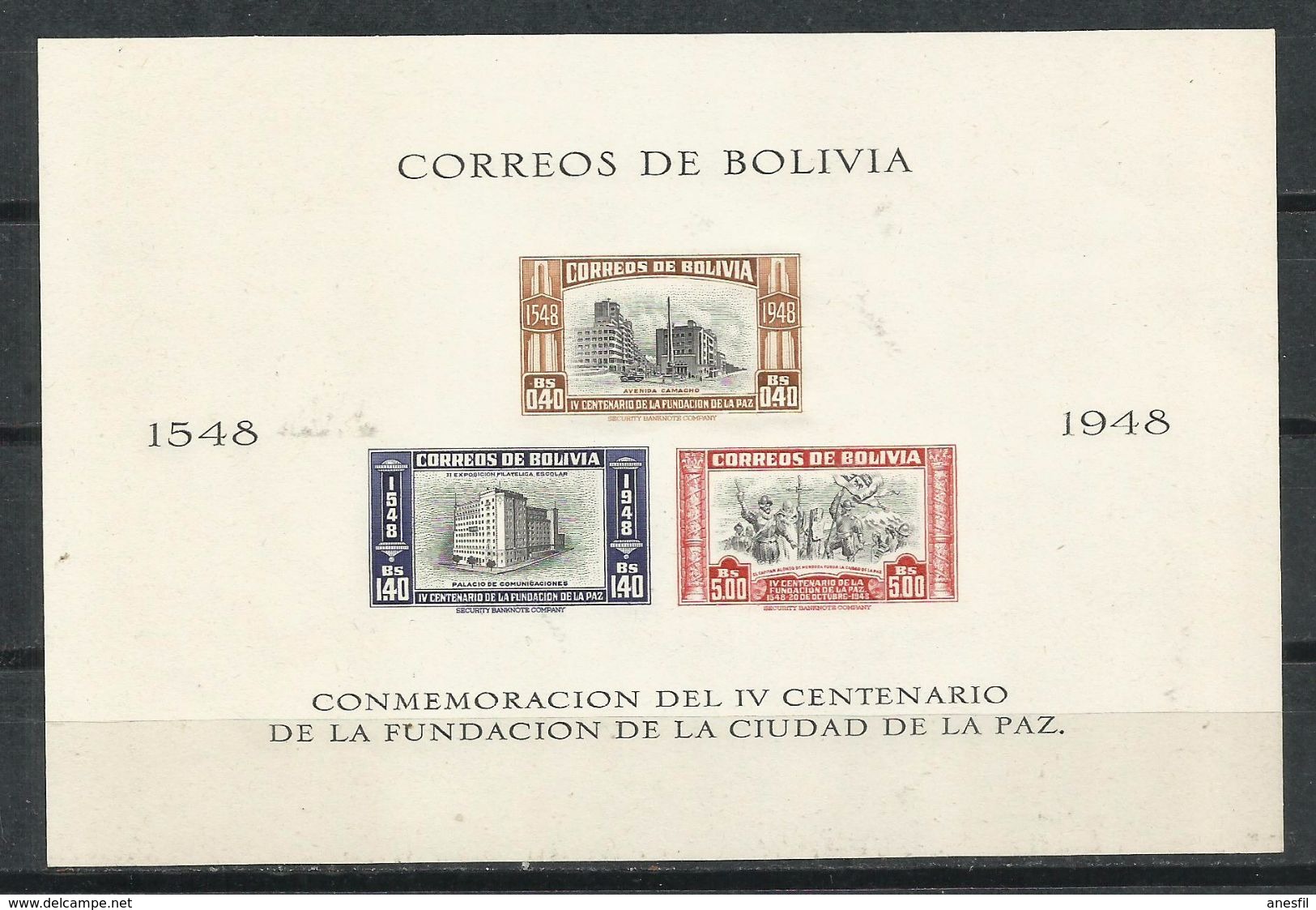 Bolivia_1948_Conmemoracion Del IV Centenario De La Fundacion De La Ciudad De La Paz. HB Sin Dentar - Bolivien