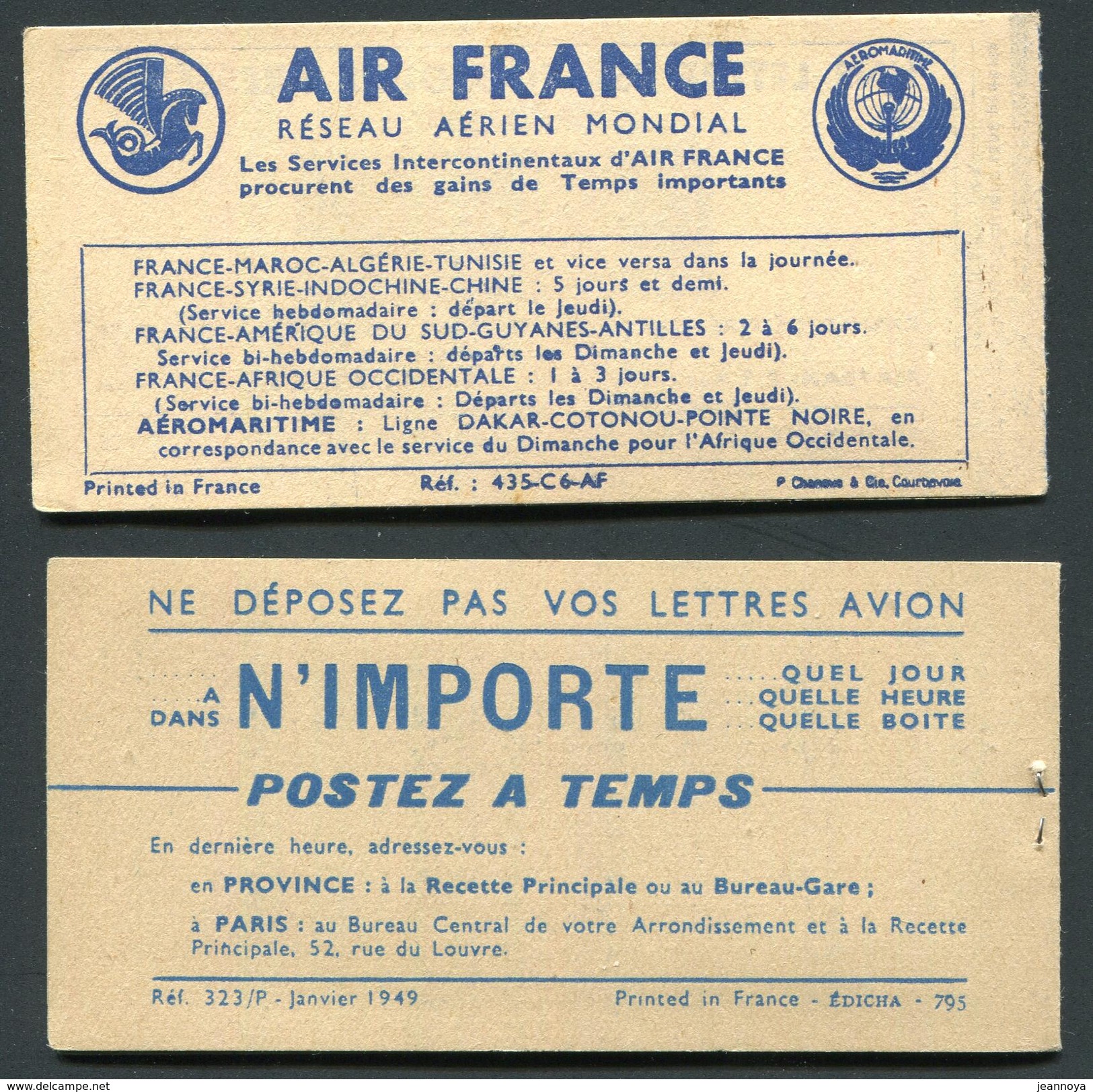 FRANCE - 2 CARNETS VIGNETTES " PAR AVION " D'AIR FRANCE DU 1/7/1938 & 1/1949 - LUXE - Aviation
