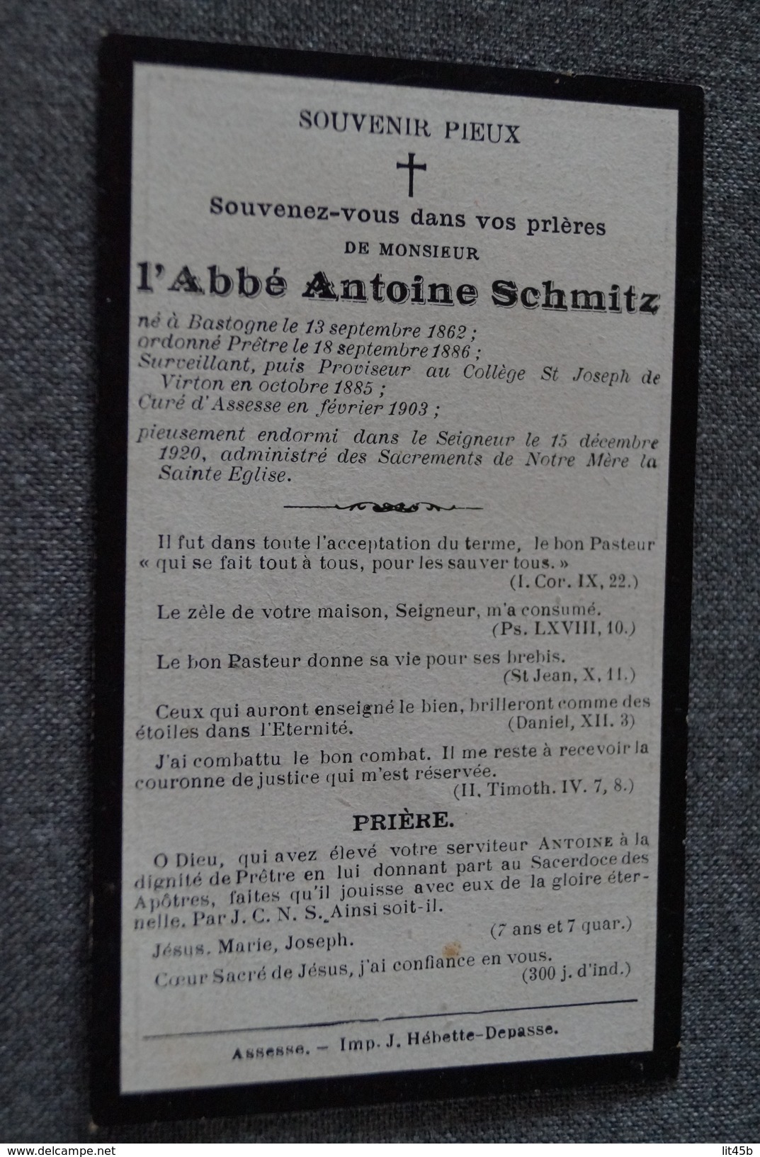 L'abbé Antoine Schmitz,curé D'Assesse En 1903,proviseur Du Collège De Virton,mort Le 15/12/1920 - Obituary Notices