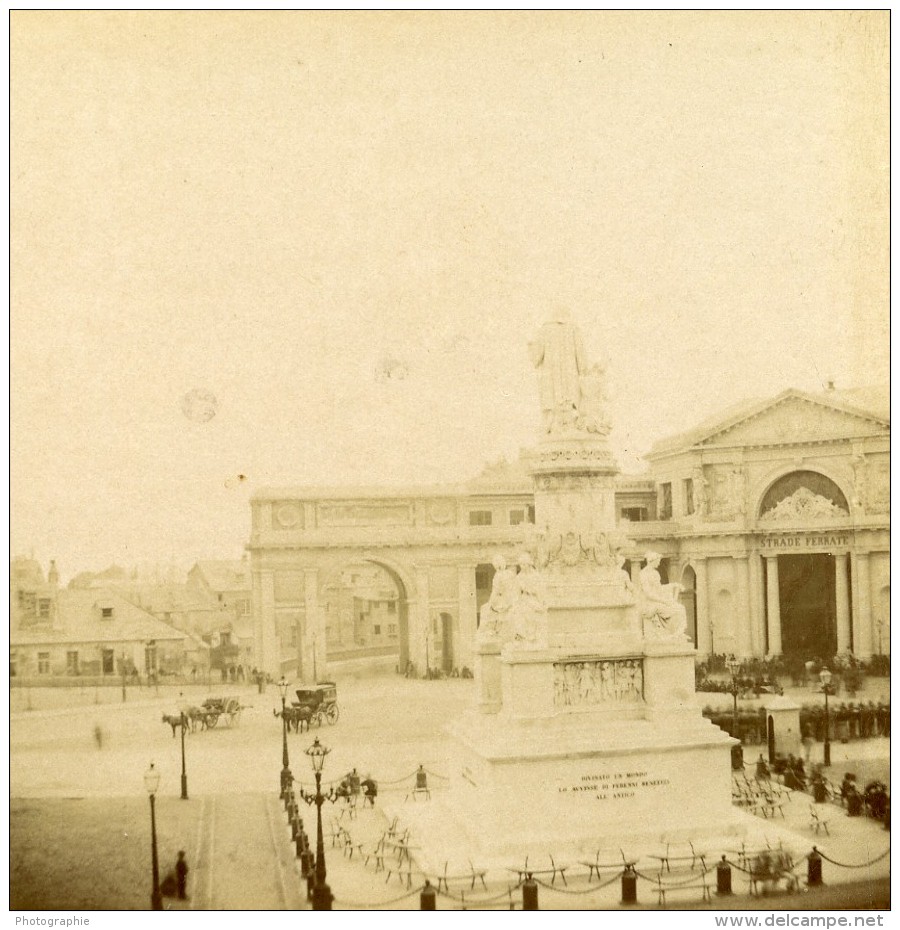 Italie Gênes Genova Statue De Christophe Colomb Ancienne Stereo Photo 1880 - Stereoscopic