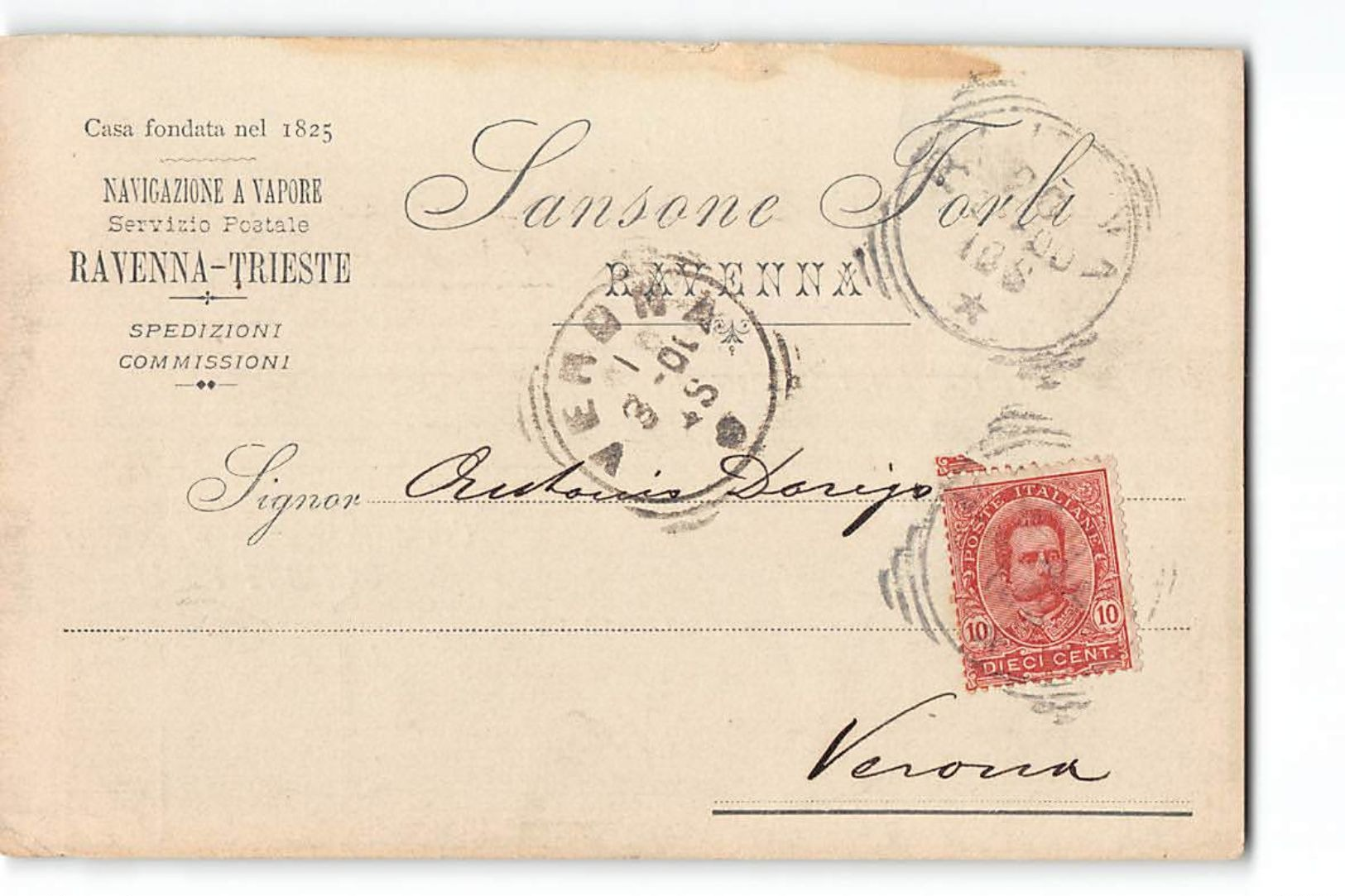 B1220  NAVIGAZIONE A VAPORE RAVENNA TRIESTE SANSONE FORLI X VERONA - Storia Postale